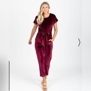 Velvet Tie-Waist Jumpsuit in Burgundy